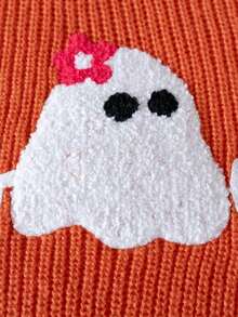 Söt enfärgad stickad pullovertröja för flickor med spöke-brodyr, lämplig för Halloween, vardagsbruk, semester, vår, höst och vinter - Orange - Visa 7