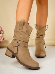 Women's Faux Suede Mid-Calf Ankle Boots With Buckle Chunky Heel Western Style Ruched Stacked Boots For Commuting - Khaki - View 1
