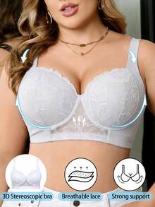 White Plus Size Women's Lace Underwire Push-Up Bra, Wide Strap Comfortable, Lift And Support, Breathable All Day - White - View 2