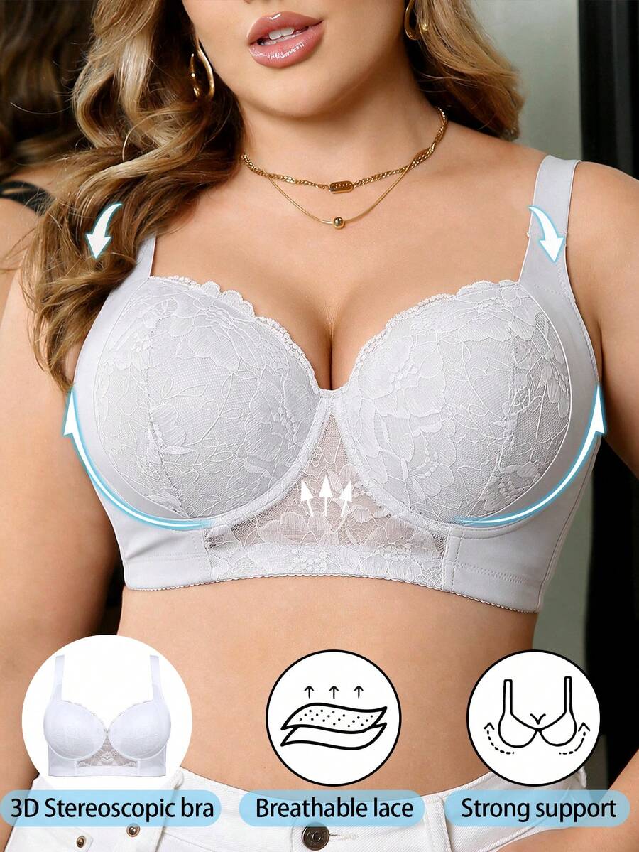 White Plus Size Women's Lace Underwire Push-Up Bra, Wide Strap Comfortable, Lift And Support, Breathable All Day