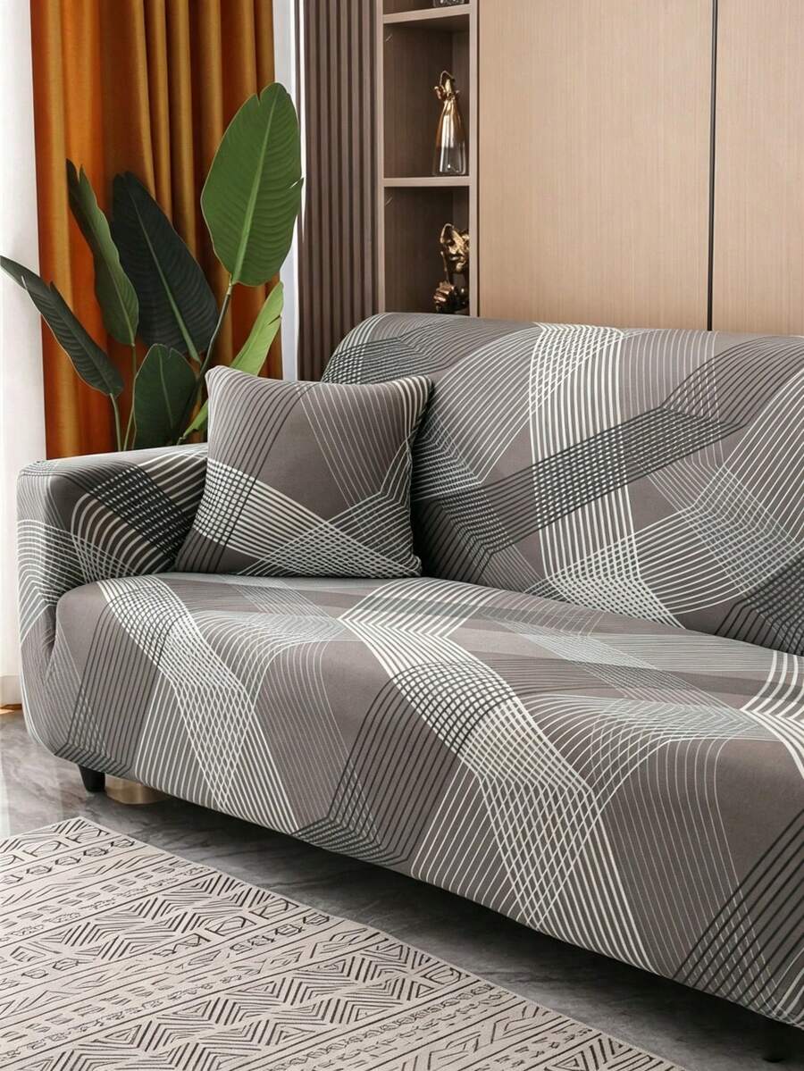 1pc Elastic Sofa Cover, Polyester Knitted Milk Silk Slip-Resistant All Season Sofa Protector - Brown - View 1