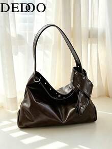 Dedoo Women's Tote Hobo Bag, Solid Color Soft PU Leather, Rivet Hole Wide Strap, Large Capacity, Cool Motorcycle Style, Autumn/Winter Daily Commute - Coffee - View 2