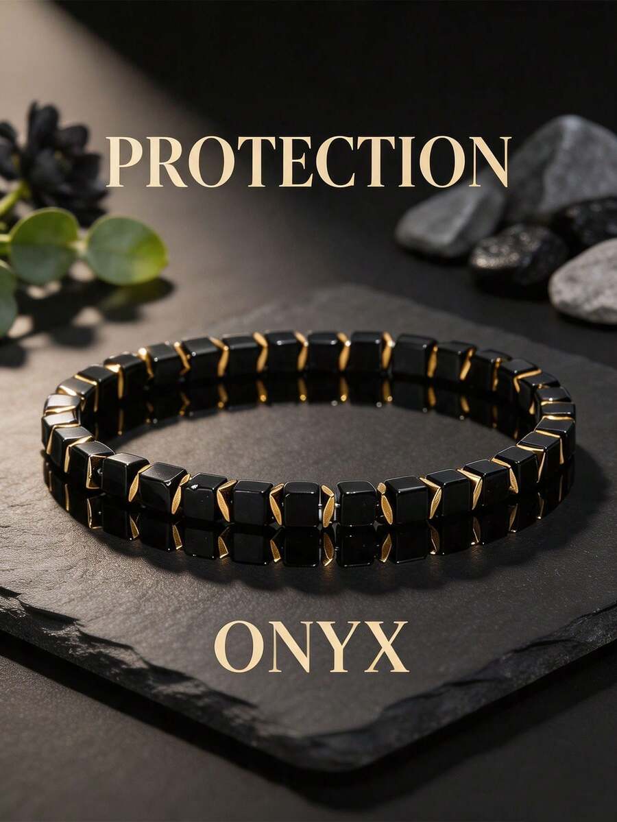 Business Style Square Tiger Eye Hematite Black Agate Beaded Bracelet, Spiritual Jewelry Symbolizing Triple Protection, Elastic Cord Jewelry Suitable For Daily Wear - Multicolor - View 1