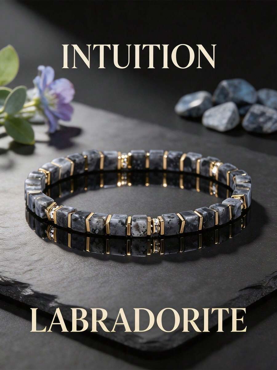 Vintage Style Square Labradorite Beaded Bracelet, Natural Stone Elastic Cord Spiritual Jewelry Symbolizing Intuition, Waterproof Jewelry Suitable For Beach Vacation Wear - Multicolor - View 1