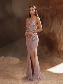 YISIKADO 3D Floral Applique Sequin Rhinestone Embellished Heart Neckline Sheer Mesh High Slit Wavy Striped Mermaid Formal Evening Party Gown - Coral Pink - View 6