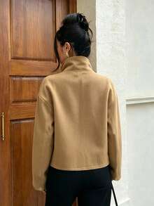 Women's New Fashion Long‑Sleeve Jacket, Double‑Breasted Stand Collar Loose Fit, Fall Short Outerwear For Street Style - Camel - View 5