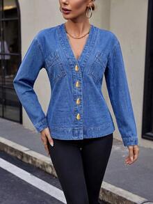 HAPPY GIRL #Musim Semi/Musim Gugur Fashion Serbaguna Warna Polos Elegan Denim Atasan Denim Lengan Panjang Wanita dengan Kancing Depan dan Desain Pinggang yang Mengencangkan - Biru - View 3