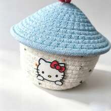 SANRIO 1pc Cartoon Embroidered Cotton Rope Woven Storage Basket With Lid, Pink Top Cover, Polka Dot & Heart Design, Desktop Organizer Box For Dolls, Snacks And Sundries, Girly Bedroom Home Decor Storage Organizer - One Size - View 10