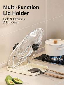 1PC/8PCSMulti-Function Kitchen Pot Lid Holder With Drain Tray, Countertop Utensil Rest Rack, Detachable Drainage Base For Water Collection, Space-Saving Organizer For Pot Lids, Spatulas, Chopsticks, Practical Kitchen Counter Storage Accessory - Multicolor - View 2