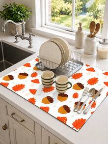 1pc Pumpkin Pattern Diatomaceous Earth Kitchen Dish Drying Mat, Absorbent Dish Drying Pad, Coffee Machine Mat, Dishwashing Mat, Sink Mat, Kitchen Countertop Protector, Suitable For Cups, Plates, Tableware And Kitchen Decor - Multicolor - View 8