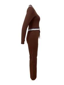 Autumn/Winter Fashion Polo Collar Zip-Up Patchwork Ribbed Top & Elastic Straight Leg Casual Pants 2 Pieces Set - Coffee Brown - View 4