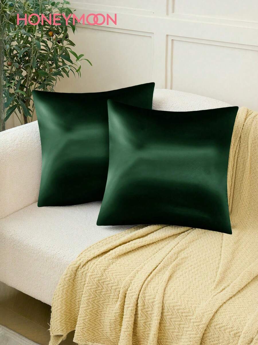 1pc Solid Color Satin Pillowcase, Texture Comparable To Silk Pillowcase, No Filling Included, Fashionable And Romantic Decorative Pillowcase, Suitable For Bedroom/Dorm/Sofa/Lounge Chair, Ideal Gift For Loved Ones Or Friends. Machine Washable - Dark Green - View 1