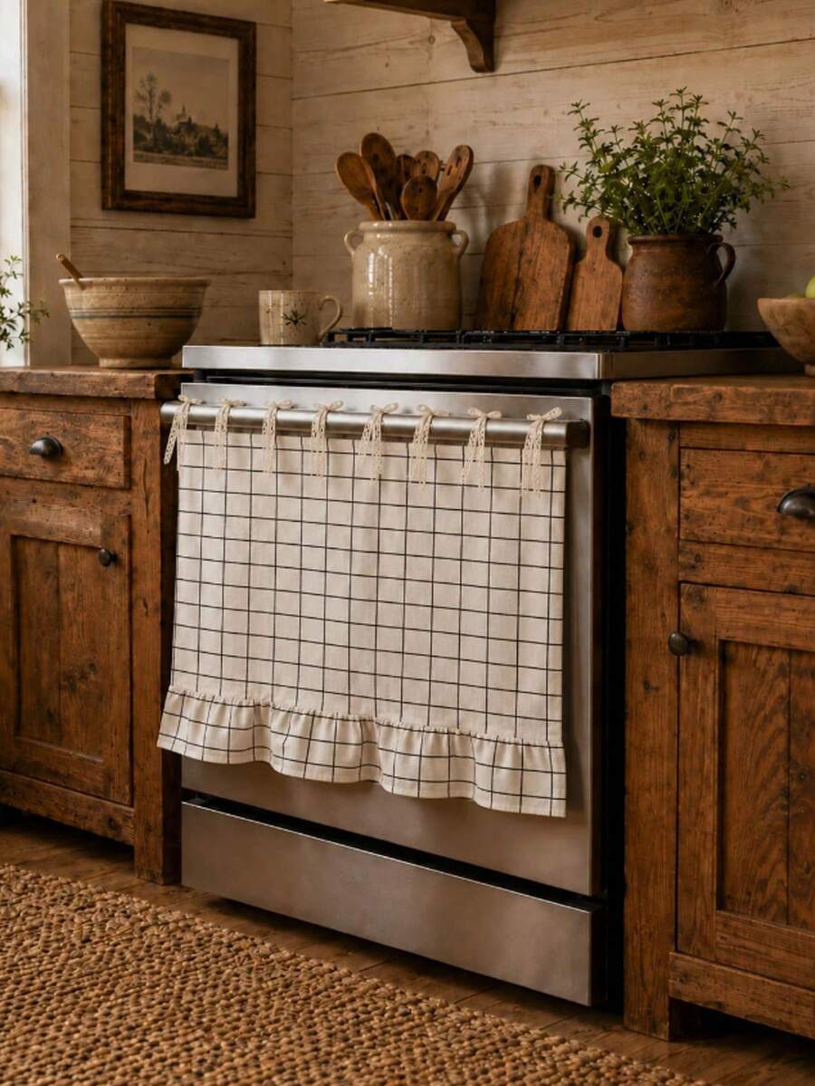 Farmhouse Ruffle Oven Skirt, Lace Tie Stove Skirt Curtain, Floral Gingham Grid Geometric Print Kitchen Oven Curtain For Christmas And Halloween Home Kitchen Decor - White - View 1