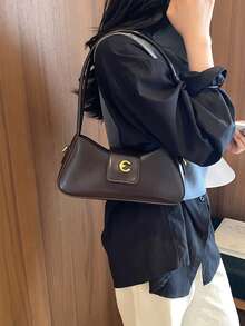Vintage Baguette Underarm Bag For Women, High-End Gold Buckle Shoulder Crossbody Bag, Minimalist Texture, Versatile Commuter Handbag - Coffee - View 5