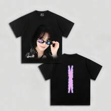 Miyawaki Sakura LE SSERAFIMs 2026 World Tour Short Sleeve Women Plus Size T‑Shirt Y2K Print Shoulder Cotton Tee Kpops Fan Merch Concert Top - 黑色 - 查看 1