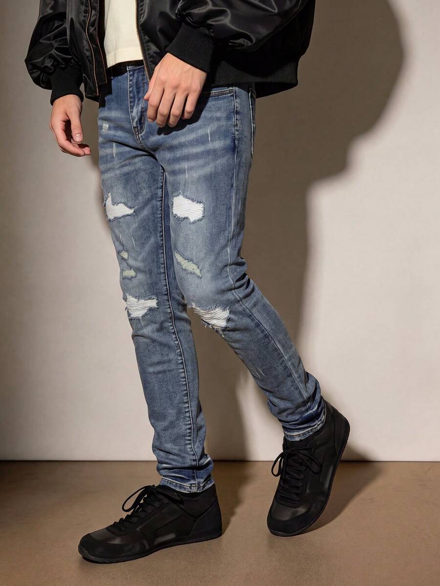 Men's Light Blue Distressed Ripped Stretch Slim Fit Jeans, Multi-Ripped Frayed Distressed Knee Stretch Slim Fit Skinny Denim Pants, All-Season Versatile Streetwear Jeans - Blue - View 1