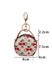1pc New Fresh Floral Print Mini Round Handbag With Metal Chain, Crossbody Storage Pouch With Zipper And Key Ring, Cute Versatile Creative Mini Bag For Girls, Can Be Carried Alone Or Hung On Large Bag - Apricot - View 7