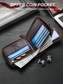 VINCESS Men's Vintage Cow Leather Wallet, Casual Genuine Leather Wallet, Anti-Theft Multi-Layer Card Slots, ID Window, Zipper Cash Compartment, Secure And Convenient For Daily Use, Men's Holiday Gift - Coffee Brown - View 7