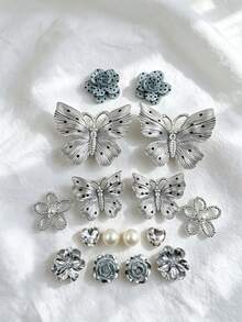 16pcs Insf Style Silver Gray Shoe Charms, DIY Polka Dot Large Butterfly Flower Heart Rhinestone Detachable Accessories, Multi-Functional Shoe Accessories, Suitable For Sandals, Slippers And Beach Bags - Multicolor - View 3