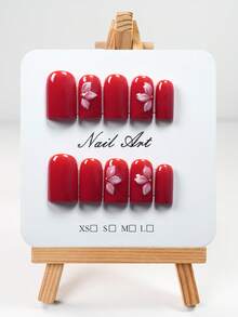 YINZIJIA 10 Pieces, Handmade, Wine Red Floral Gradient, Subtle Differences=Unique Handmade Short Square Pure Handmade Nail Board Set, Suitable For Daily Holiday Wear, Including 1 Nail File And 1 Piece Of Jelly Glue - Multicolor - View 2