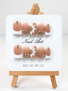YINZIJIA 10 Pieces, Handmade, French Floral Gradient, Subtle Differences=Unique Handmade Short Square Pure Handmade Nail Board Set, Suitable For Girls And Women To Wear On Daily Holidays, Including 1 Nail File And 1 Piece Of Jelly Glue - Multicolor - View 2