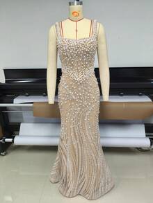 QOQ Women's Sequin Beaded Formal Evening Gown - Beige - View 1