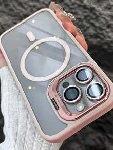 Casing Ponsel 3-in-1 dengan Bingkai Logam Magnetik Sederhana, Pelindung Lensa/Stand, Kompatibel dengan 16 16pro 16proMax 15 15Pro 15ProMax 14 14Pro 14ProMax 13 13Pro 13ProMax 12 12Pro 12ProMax 11, Casing Pelindung Belakang Akrilik Anti Jatuh dengan Cangkang Keras - Berwarna merah muda - View 3