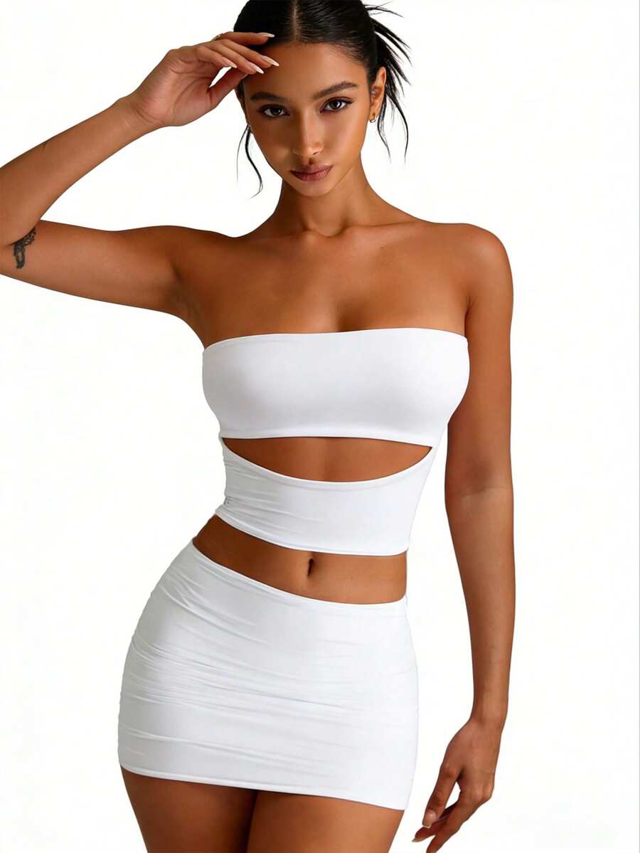 Sexy Cut Out White Strapless Slim High Stretch Double Layer Holiday Beach Summer Tube Tops - White - View 1