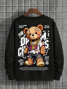 Men's Y2K Cartoon Graffiti Style Bear Graphic Print Crew Neck Sweatshirt, Casual Loose Long Sleeve Pullover Top, Autumn/Winter - Black - View 1