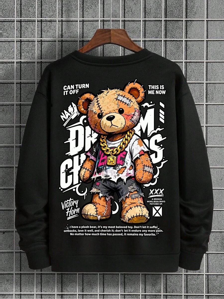 Men's Y2K Cartoon Graffiti Style Bear Graphic Print Crew Neck Sweatshirt, Casual Loose Long Sleeve Pullover Top, Autumn/Winter - Black - View 1