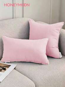 HONEYMOON 1pc Decorative Pillow Case, 100% Polyester Fabric, Light Pink With White Piping, Soft And Breathable, Shrink-Resistant, Machine Washable, Suitable For Living Room, Bedroom, Sofa Decorative Cushion - Baby Pink - View 2