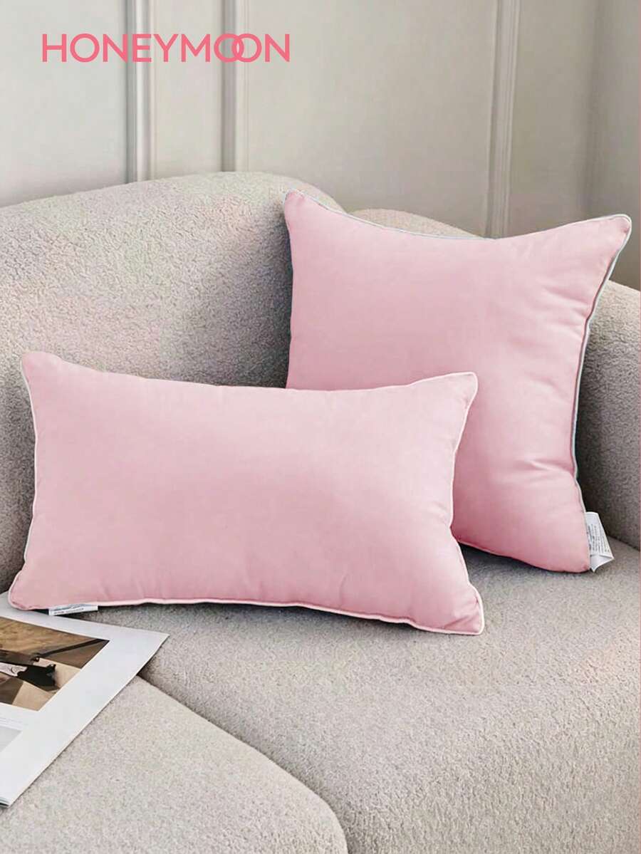HONEYMOON 1pc Decorative Pillow Case, 100% Polyester Fabric, Light Pink With White Piping, Soft And Breathable, Shrink-Resistant, Machine Washable, Suitable For Living Room, Bedroom, Sofa Decorative Cushion