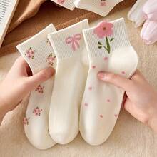 5 Pasang Kaos Kaki Anak Perempuan Balita Motif Bunga dan Pita Lucu, Kaos Kaki Pendek Bergaris Lembut, Kaos Kaki Kasual Motif Bunga Merah Muda untuk Pakaian Sehari-hari dan Sekolah Anak-anak - Putih - View 4