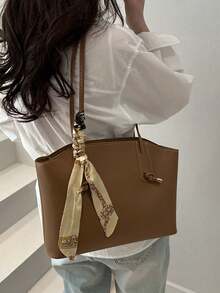 Women Large Capacity Tote Bag, Elegant Shoulder Handbag With Decorative Silk Scarf, Office Work Commute Shopping Top‑Handle Purse - Brown - View 2