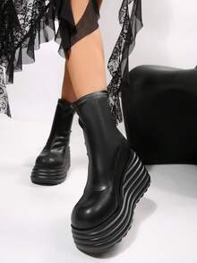 FVPFVP Misdanny All-Season Motorcycle Thick Sole Boots For Women 2026 Height-Increasing Knight Mid-Calf Boots British Style Short Boots - Black - View 6