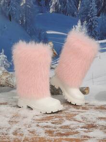 Girls' Pink Fluffy Fur Trim Round Toe Chunky Heel Back Zipper Mid-Calf Boots, Warm And Comfortable For Daily Wear - Pink - View 2