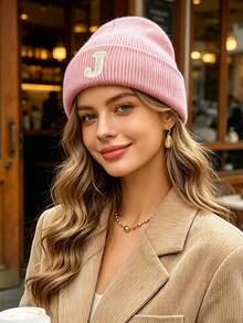 1pc Women A‑Z Letter Print Ribbed Knit Beanie Hat, Preppy Style Elastic Cuffed Winter Knitted Cap For Daily Outdoor Wear - Pink - View 3