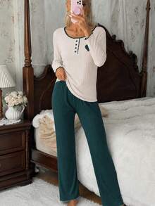 Women's Two-Piece Rib-Knit Pajama Set - Long-Sleeve Button-Detail Top & Matching Trousers - Soft, Cozy Loungewear For Ultimate Relaxation - Green - View 4