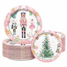 10/20/50入 粉色水彩聖誕圓形紙盤 7英吋與9英吋，士兵人偶與芭蕾舞者圖案一次性晚餐盤，馬卡龍色系節日派對用品，適用聖誕家庭聚會、冬季假期、嬰兒洗禮、生日派對 - 多色 - 查看 1
