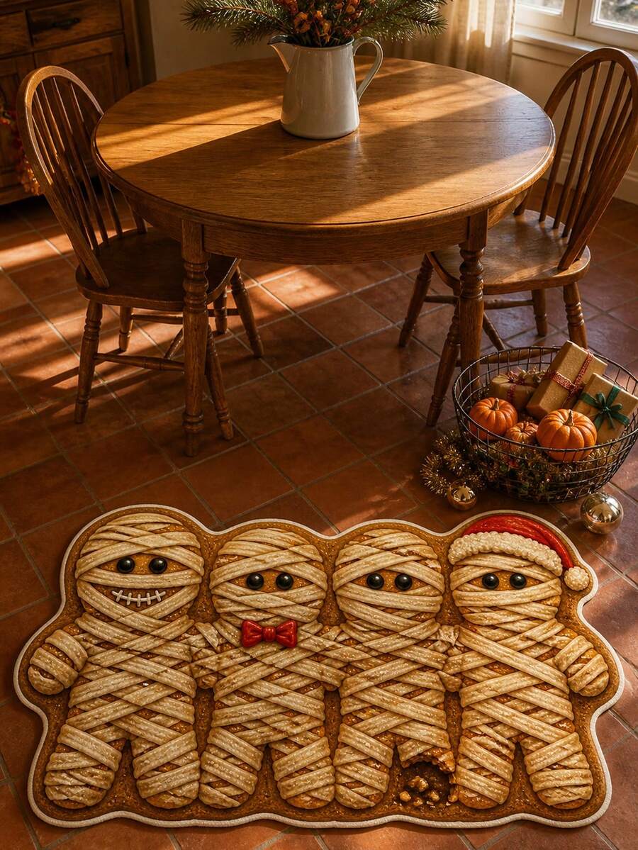 1pc Mummy Gingerbread Man Spooky Cookie Holiday Shaped Area Rug, Creepmas Funny Xmas Baking Irregular Kitchen Floor Mat, Soft Plush Decorative Area Rug, Aesthetic Whimsical Spooky Christmas Room Decor, Housewarming Christmas Gift Home Decor - Multi-color - View 1