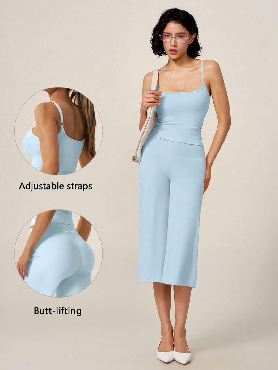 TimeOff Conjunto deportivo de mujer de un solo color con camisola de tirantes ajustables y pantalones de pierna ancha de largo medio - Celeste - Ver 1