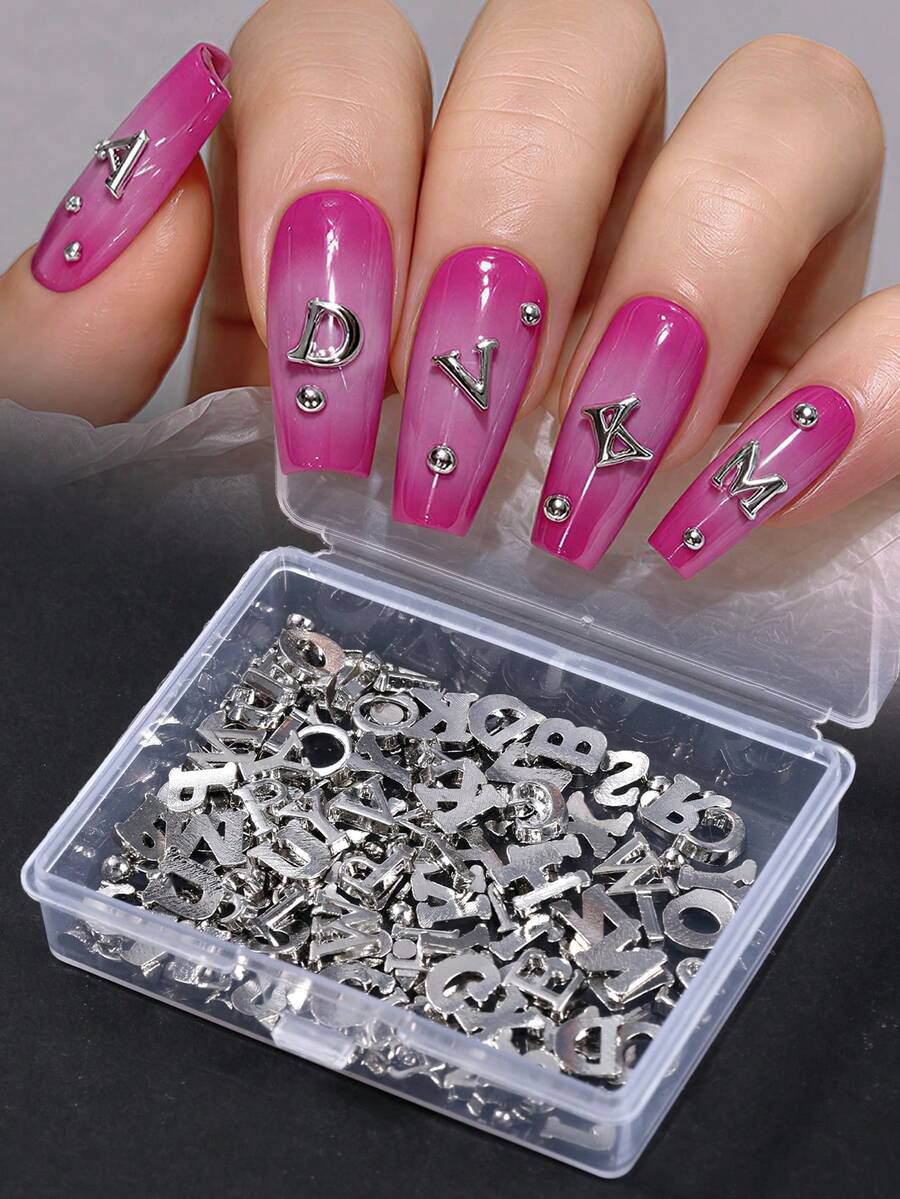 1 Box Silver Alloy Letter Nail Art Charms And Studs Set, 3D Metal ...