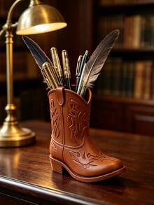 Western Cowboy Boot Shaped Pencil Holder, Handmade Vintage Desktop Storage Organizer, Country Style Desktop Decor Container, Suitable For Home, Office, School, Cute Holiday Gift, Perfect For Western Theme Decor - Multicolor - View 2
