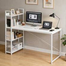 Schreibtisch mit 4-Tier Seitlichem Regal, 120 cm Breiter Computertisch mit Ablage, Stabil Bürotisch mit Metallgestell, Einfache Montage für Home Office - Weiß/140 x 56 x 120 cm - Übersicht 9
