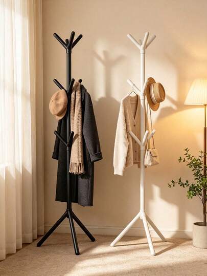 Este perchero de pie con forma de árbol es fácil de montar. Cuenta con una base triangular estable y ganchos de múltiples ramas. Adecuado para dormitorios y pasillos, tiene una fuerte capacidad de carga y es ideal para almacenar abrigos, bolsos y sombreros. Su diseño simple y versátil ahorra espacio y lo convierte en una solución de almacenamiento práctica y elegante para el hogar.