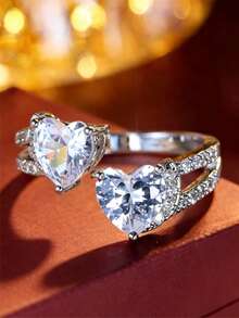1pc Romantic Double Heart Exquisite Open Ring, Double Heart-Shaped Double-Track Splice Adjustable Ring, Gift For Women, Best Friend, Confession Jewelry - Ring - View 2