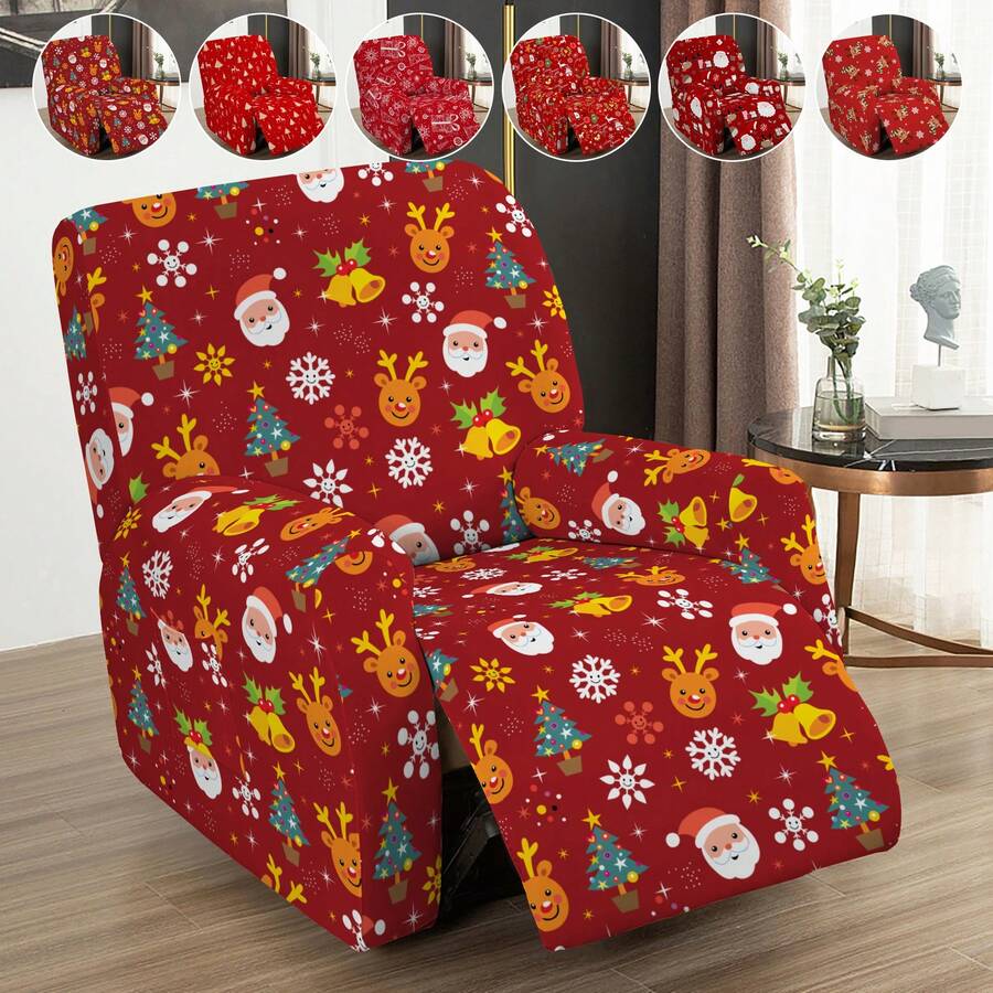4pcs Christmas Pattern Lounge Chair Sofa Cover Slouchy Chair Slipcover Non-Slip Recliner With Storage Pocket Furniture Protector For Living Room - Multicolor - View 1