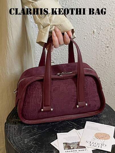 Ins Vintage Ancola Handheld Pillow Bag Embossed Crocodile Pattern Patchwork Design Dual Short Handles Minimalist Shaped Small Bag Women's Daily Date Versatile Crossbody Handbag