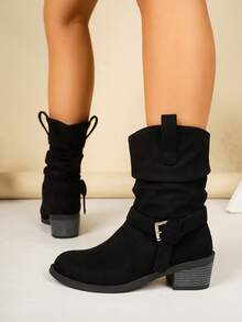 Women's Faux Suede Mid-Calf Ankle Boots With Buckle Chunky Heel Western Style Ruched Stacked Boots Commuter Boots - Black - View 4