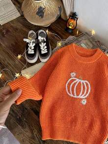 Girls Cute Embroidered Pumpkin Sweater, Crew Neck Long Sleeve Knit Pullover, Suitable For Halloween, Casual Wear, Spring, Autumn, Winter - Orange - View 3